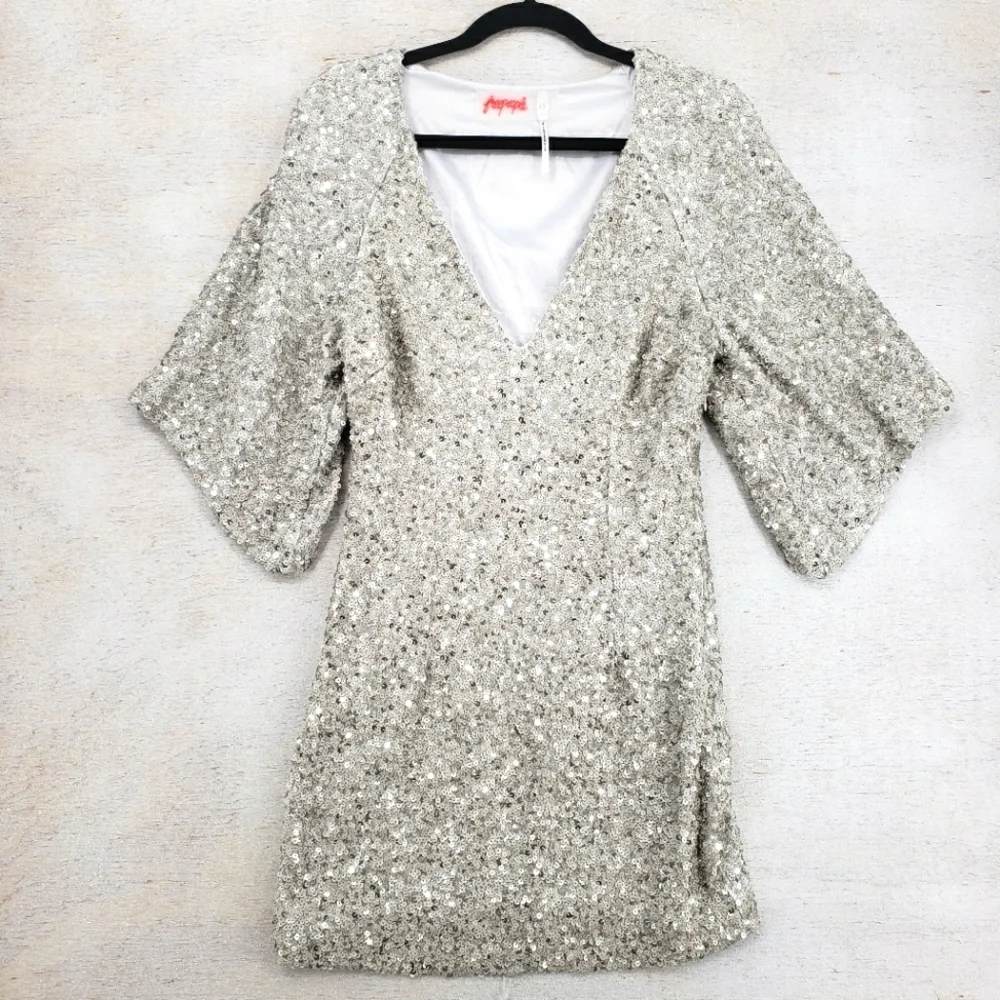 Free People Women US 6 champagne all over sequin dress Party Girl mini side zip - Picture 3 of 15